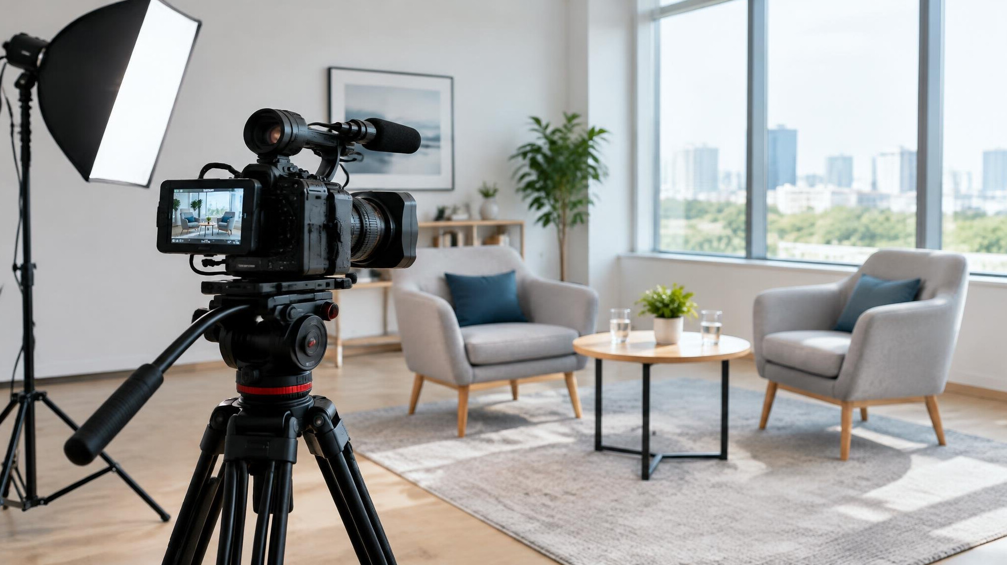 Video camera on a tripod with a soft light in a studio