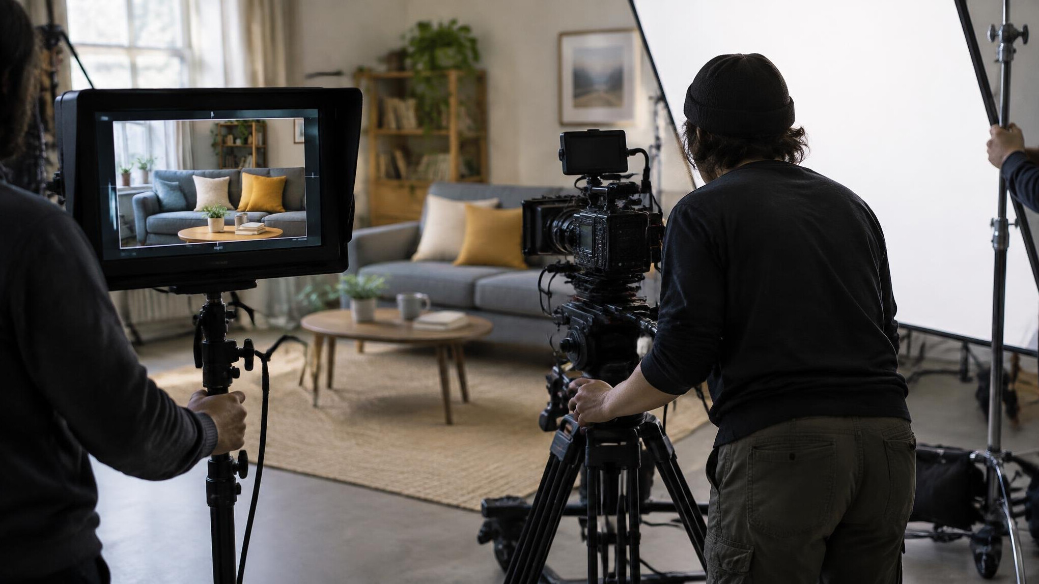Film camera operator preparing a shot on set