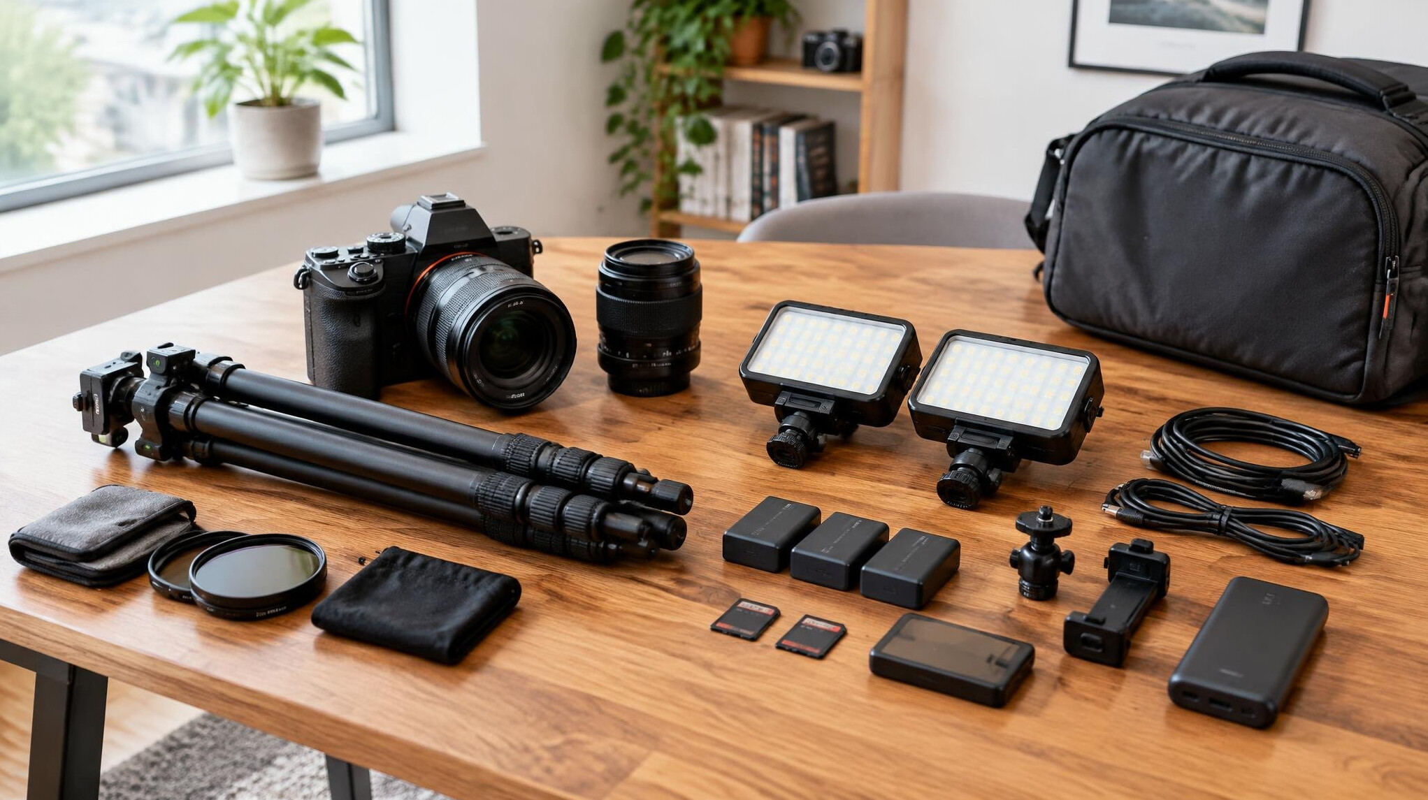 Camera and accessories laid out on a table