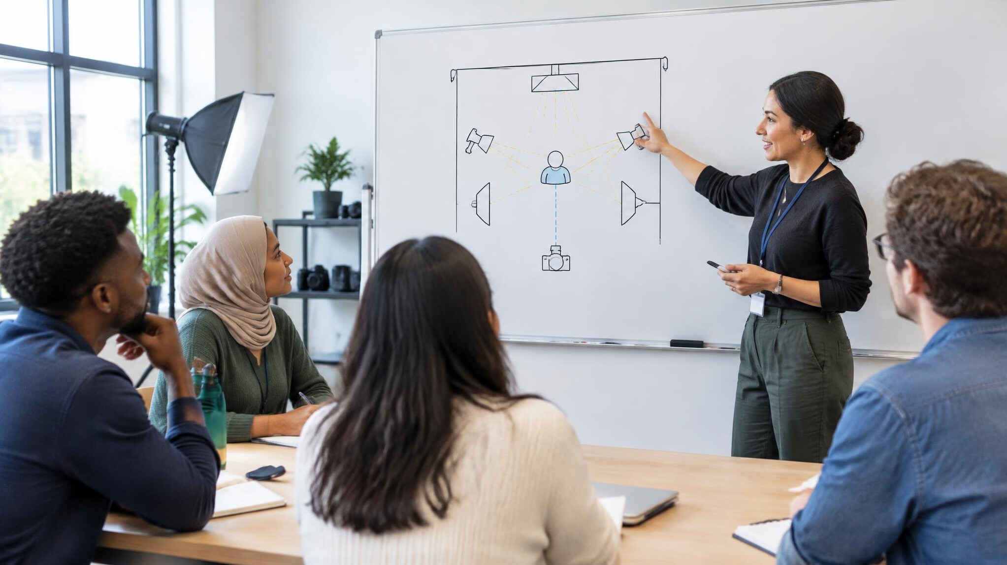 Team reviewing notes on a whiteboard