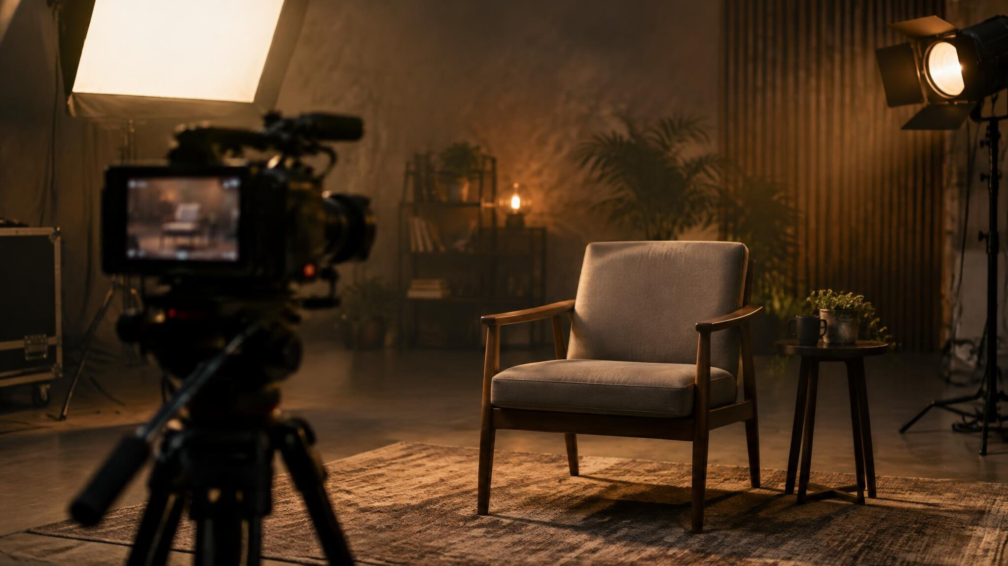 Film set with lighting equipment and camera